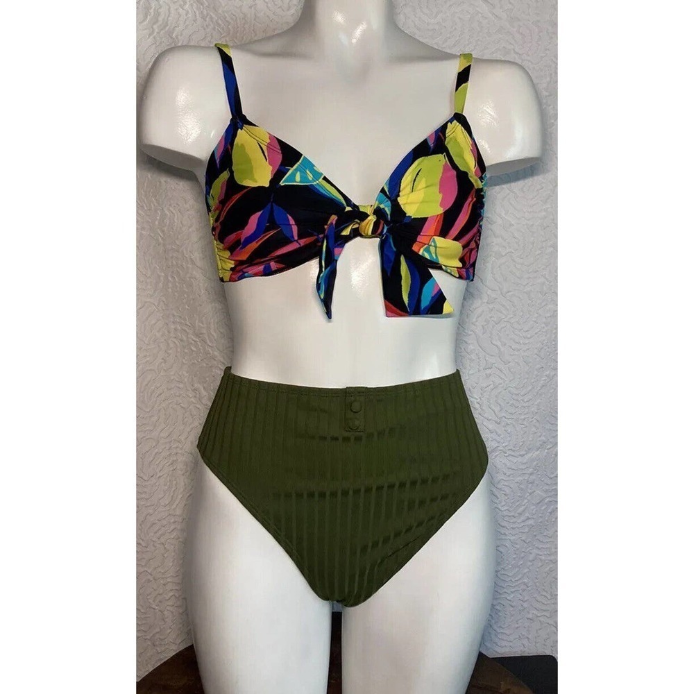 Tabitha Brown Swim Bikini Top Black Colorful Lemon D/ DD -Bottoms NWT Medium